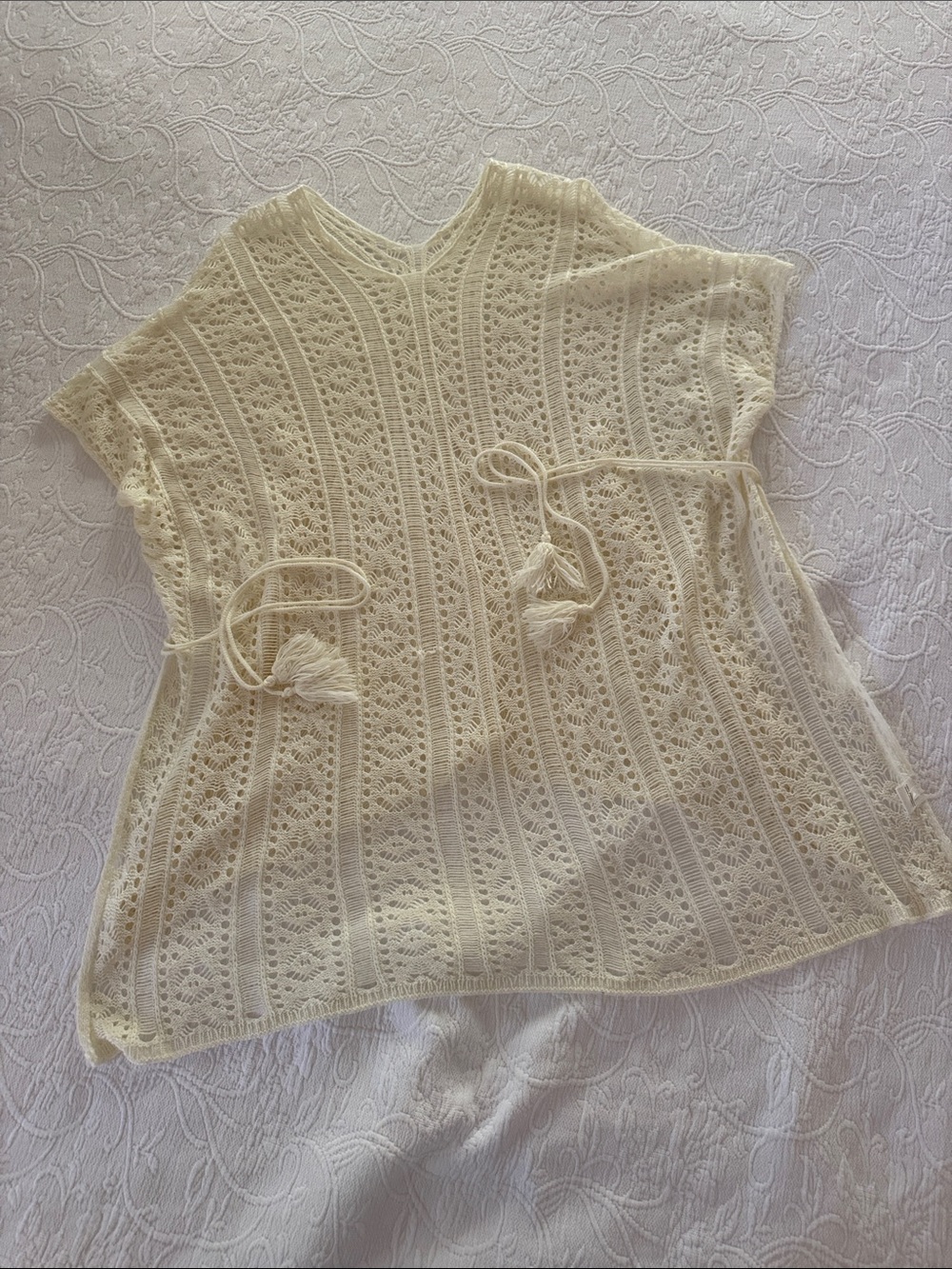 Cream Crochet Knit Short-Sleeve Top with Tassel Tie